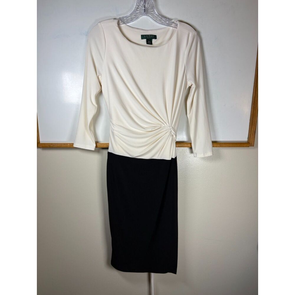 Lauren Ralph Lauren Ivory & Black Colorblock Dress with Twist-Knot Waist, Size 4